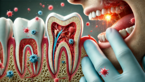 en smertefull tannrotbetennelse, inkludert infisert pulpa, betent tannkjøtt og en pasient som opplever smerte.