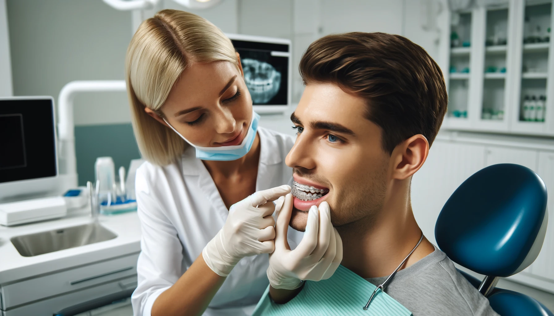 Tannlege justerer Invisalign-skinner på pasient i moderne tannklinikk hull i tennene