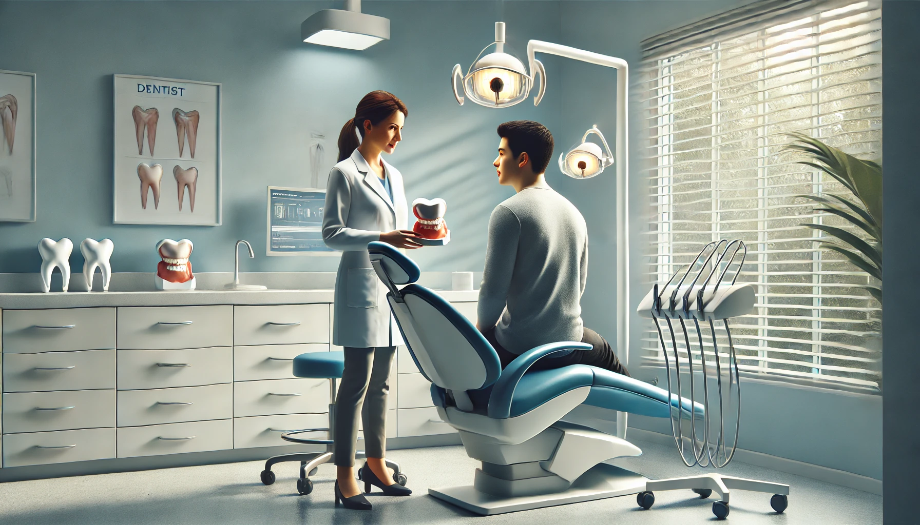 Rolig tannlegekontor med en kvinnelig tannlege som diskuterer behandlingsalternativer med en ung mannlig pasient