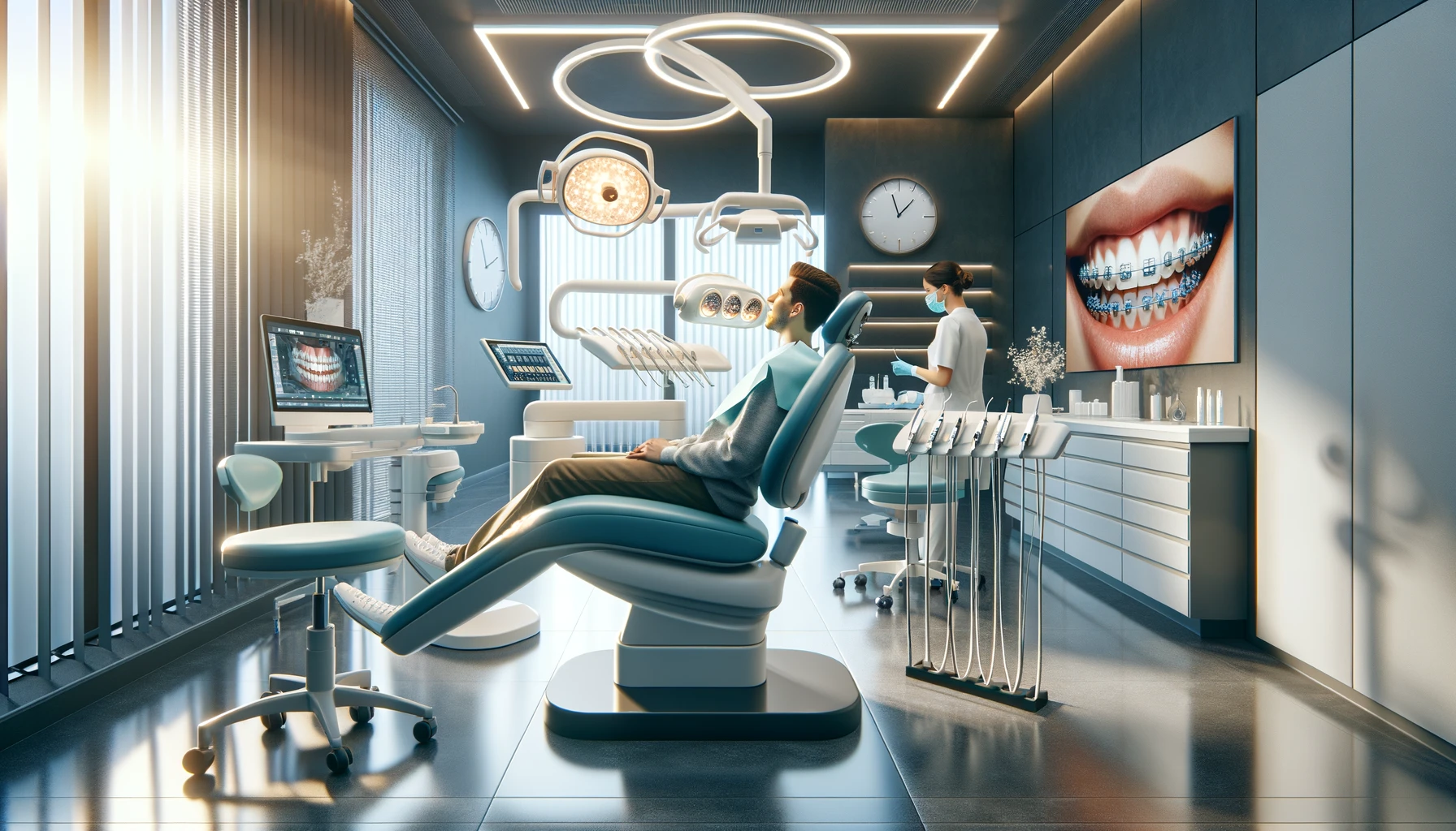 Moderne tannreguleringsklinikk for voksne med stilfullt interiÃ¸r og avansert utstyr, som viser behandling av voksen pasient