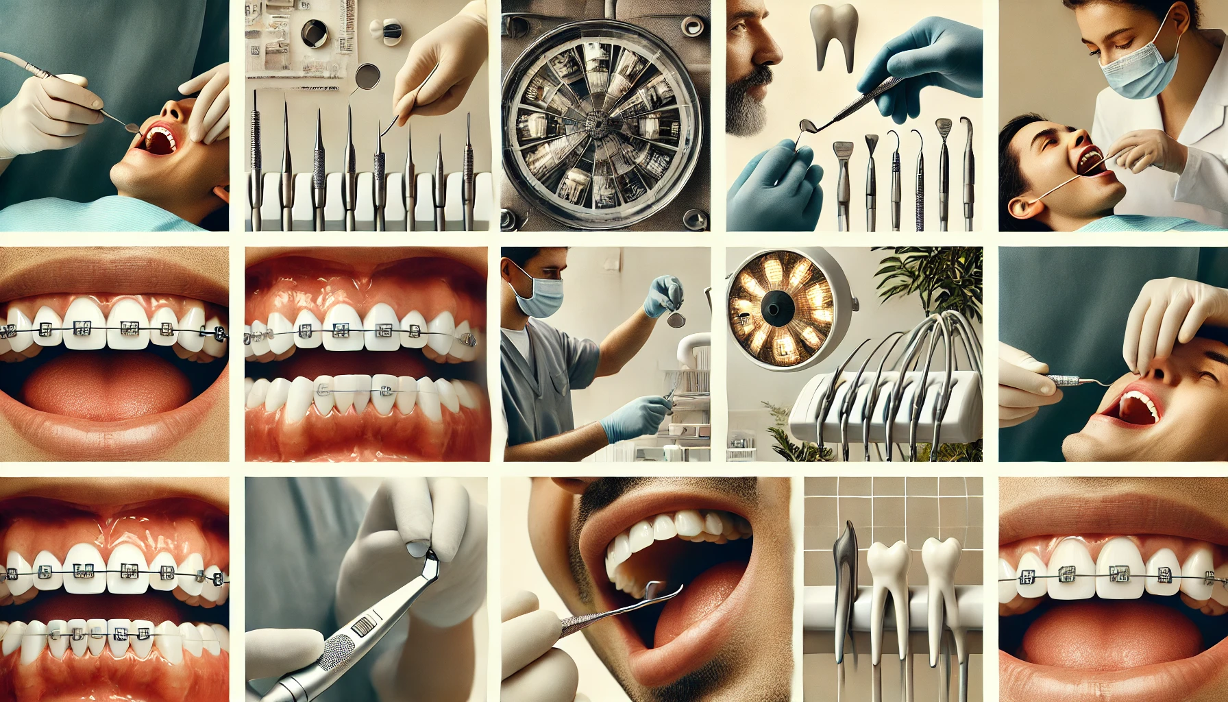 Collage av ulike tannbehandlinger, inkludert rens, implantater, bleking