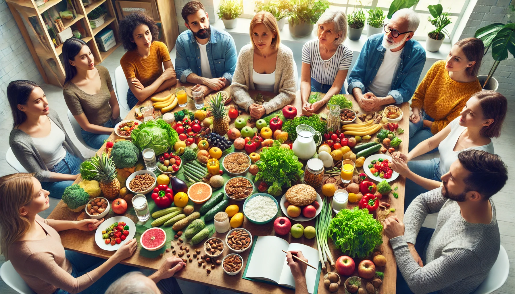 Gruppe diskuterer ernæring ved bord med sunne matvarer, fokus på forebygging av hull få hull i tennene evne til å nøytralisere hull i en tann få hull hos tannlege eller tannpleier