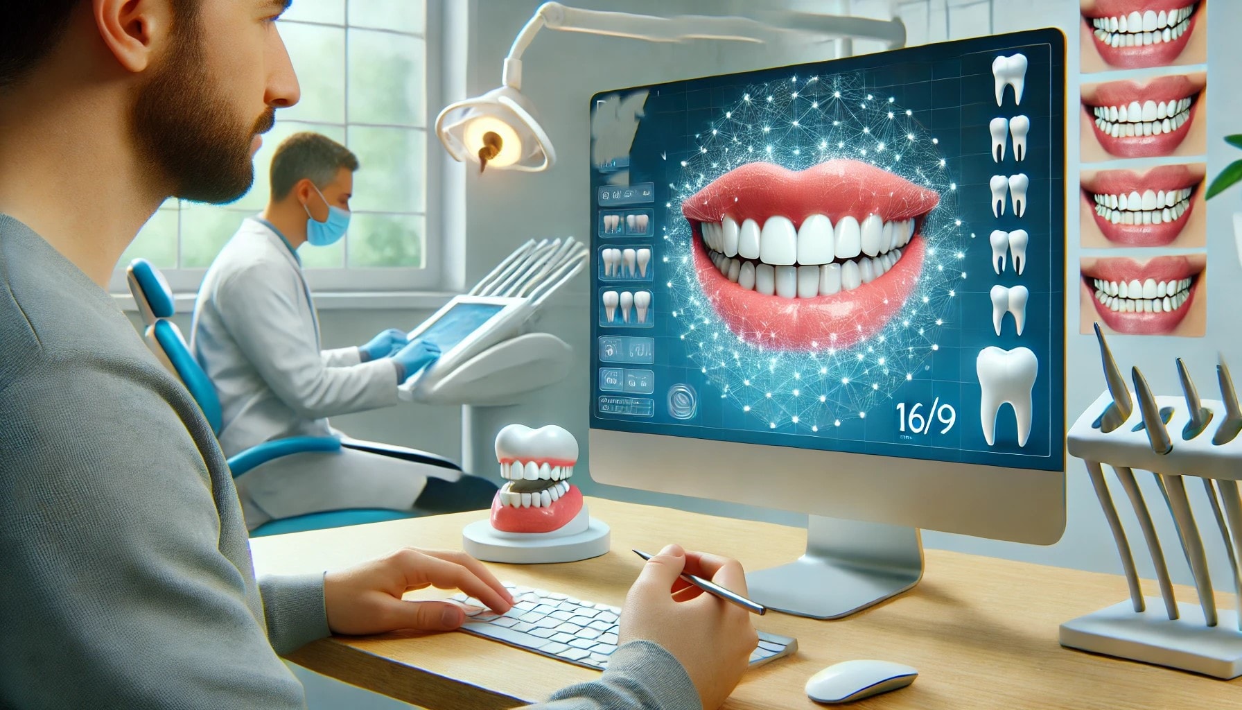 Digital smildesign i moderne tannklinikk med tannlege som skaper et perfekt nytt smil ved hjelp av 3D-modell på skjerm."