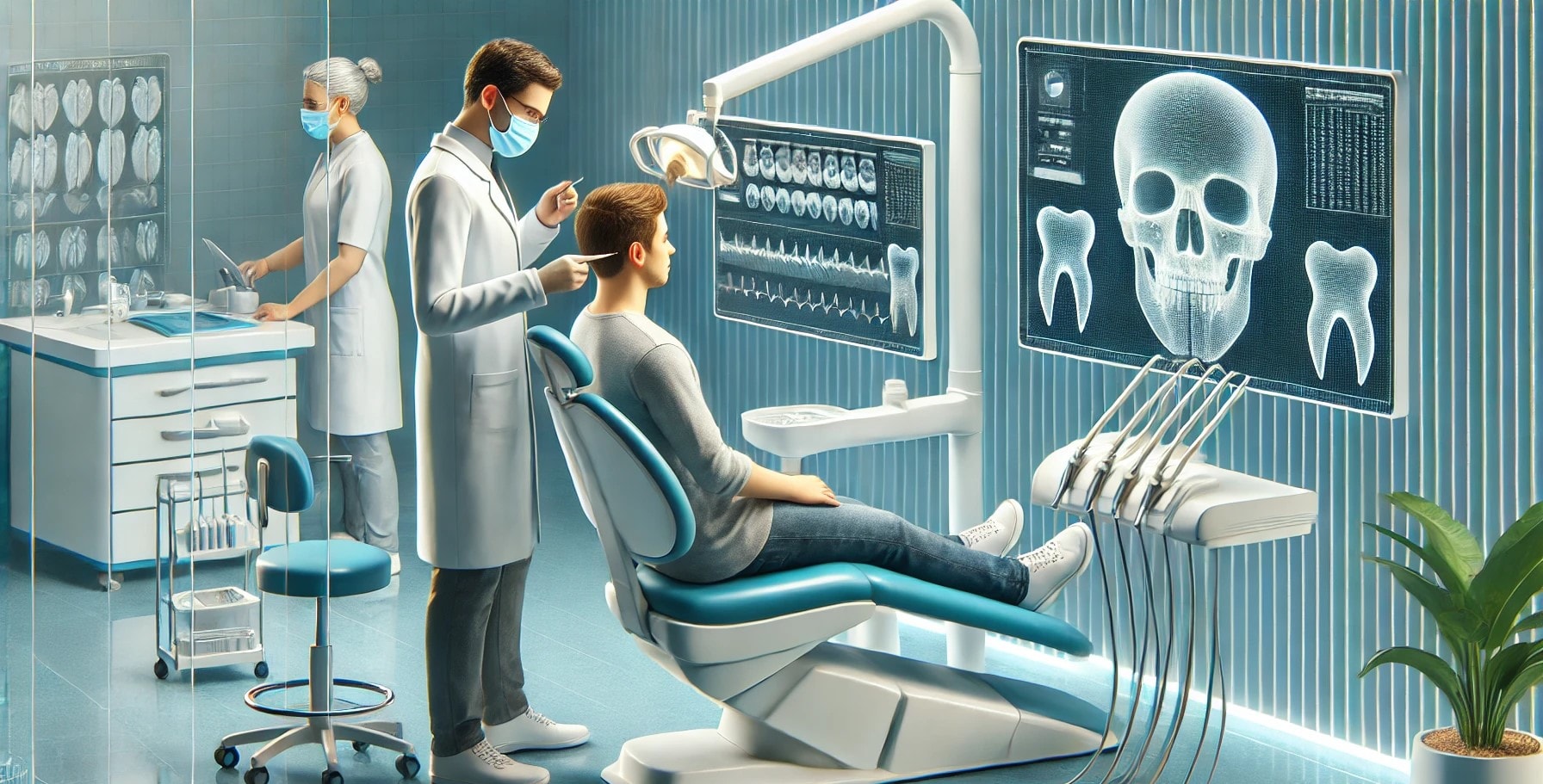 Pasient får grundig tannlegeundersøkelse i moderne klinikk, med avanserte diagnostiske verktøy for tidlig påvisning og behandling.