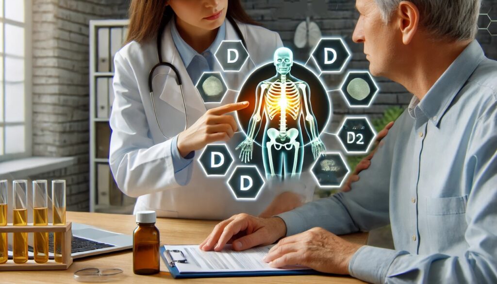 En helsepersonell undersøker en pasients symptomer i en klinisk setting, som fremhever mulige tegn på D-vitaminmangel.