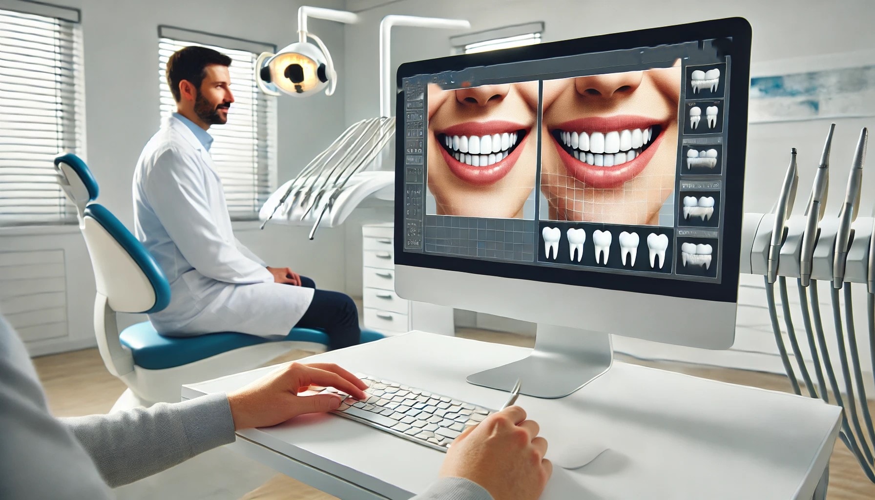 Tannlege som lager et mock-up smil med digital styling på en skjerm i en moderne, profesjonell tannklinikk."