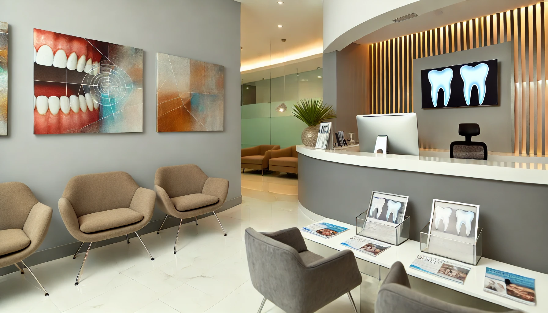 "Stylish reception area in dental office with modern design, reflects professionalism."