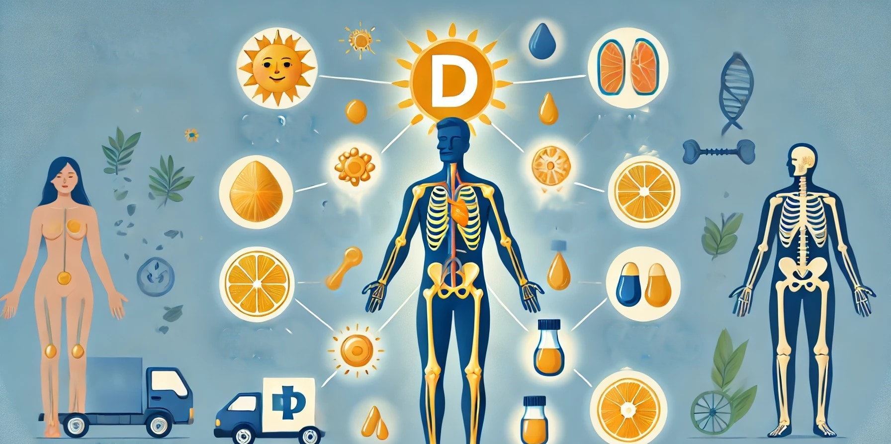 En illustrasjon som viser fordelene med vitamin D for kroppen, inkludert sterke bein, immunforsvar og generell helse.