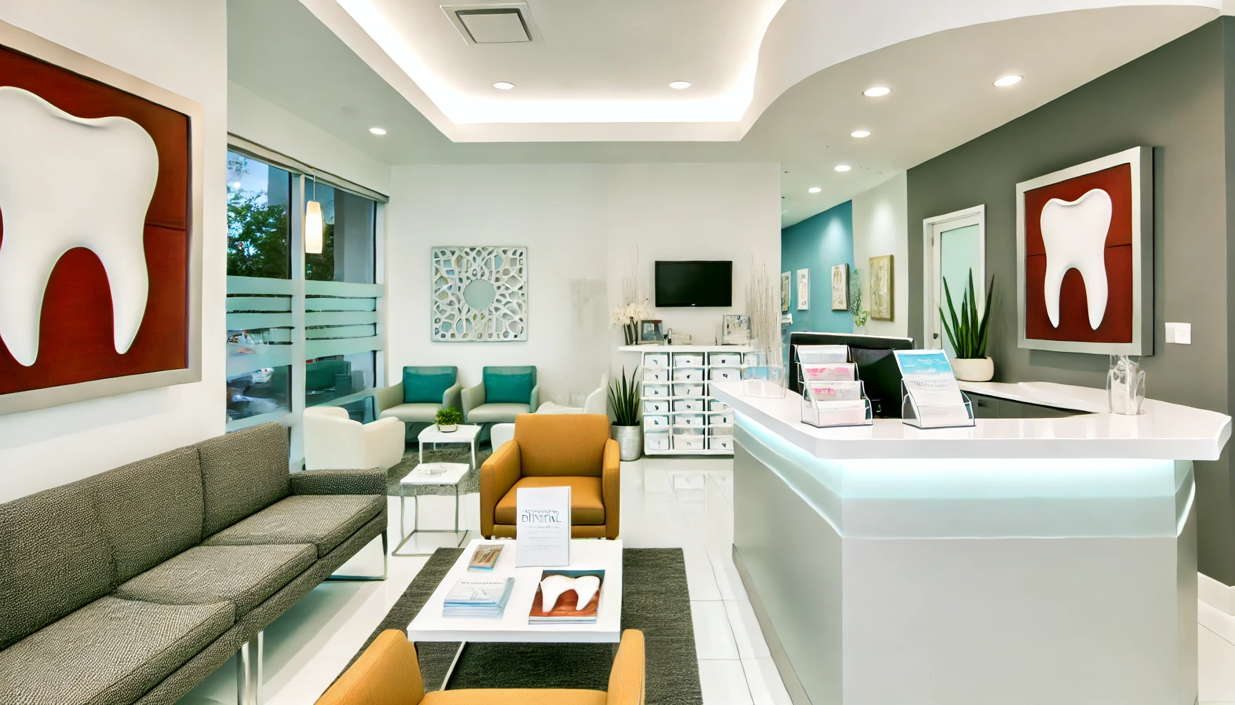 Modern dental clinic with bright colors and artistic decorations on the walls."