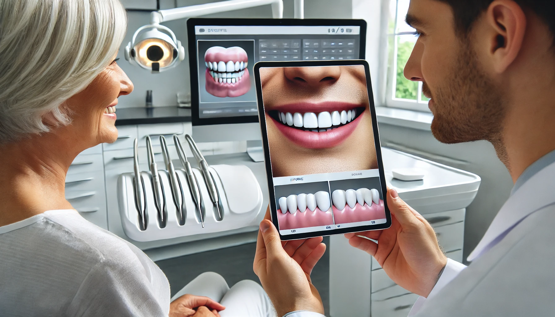 Tannlege og pasient ser på digital smile design med før-og-etter sammenligning i en moderne tannklinikk."