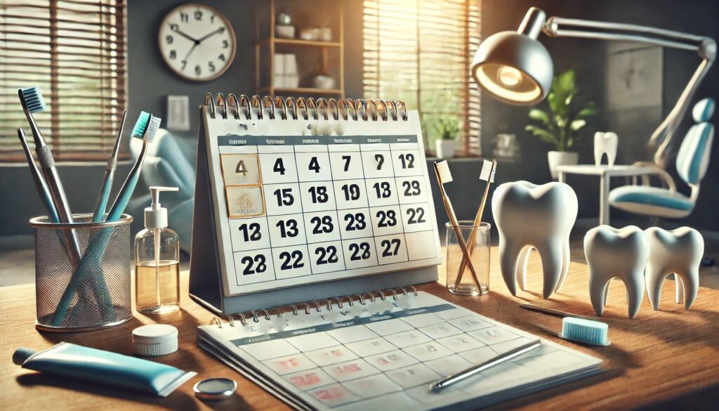 Bilde av kalender og tannpleieprodukter på et kontorbord.