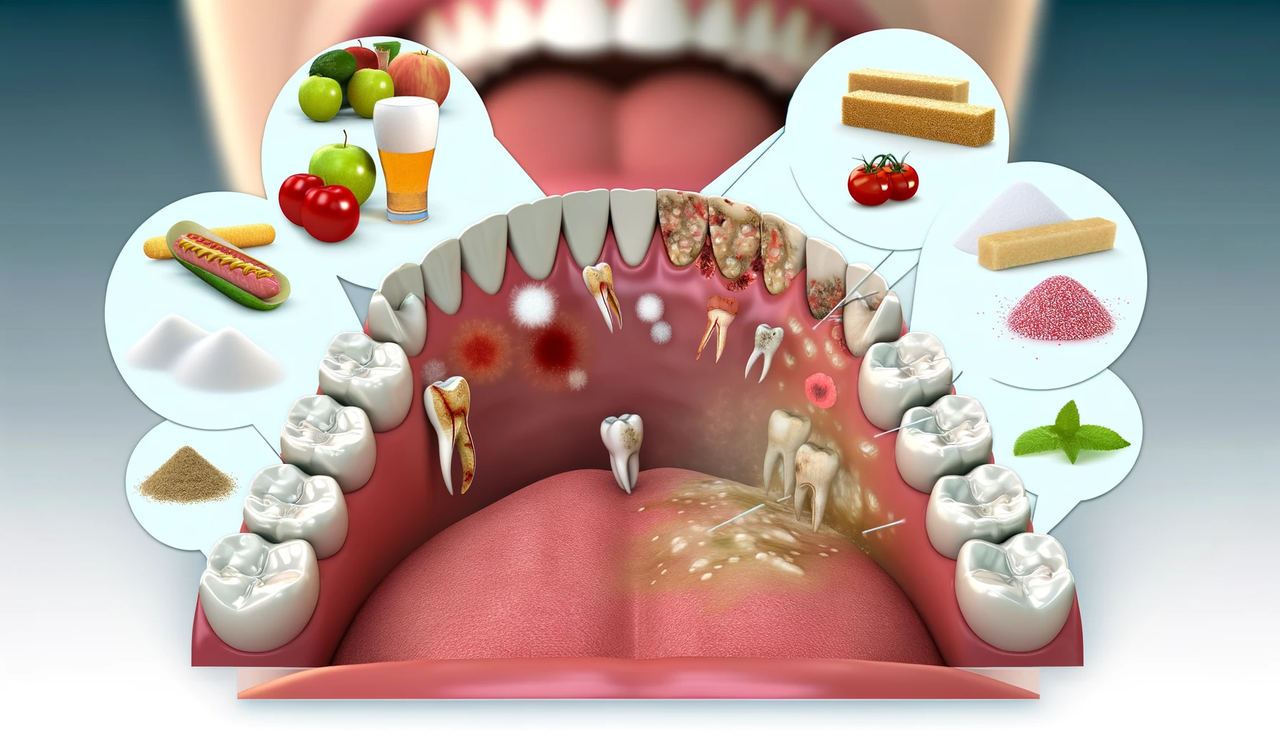 Bilde viser vanlige årsaker til karies, inkludert sukkerholdig mat og dårlig munnhygiene."