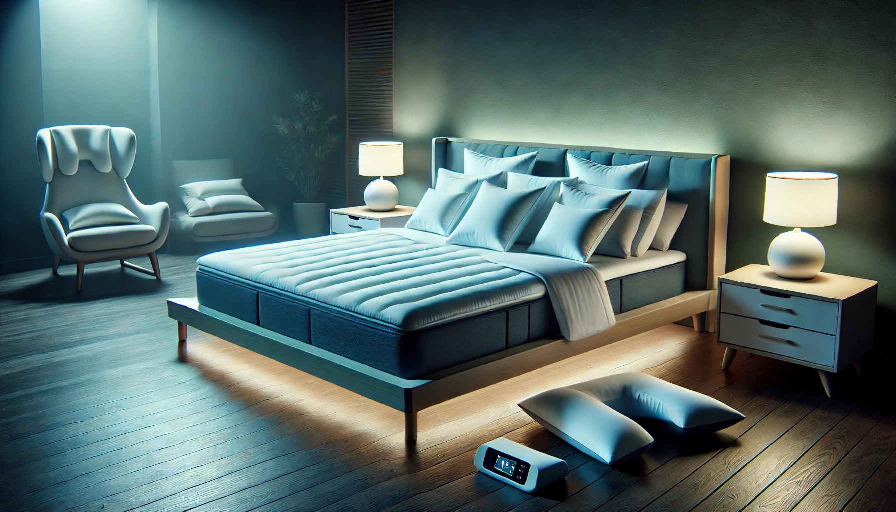 Modern bedroom with anti-snoring adjustable bed, specialized pillows, and a bedside gadget."