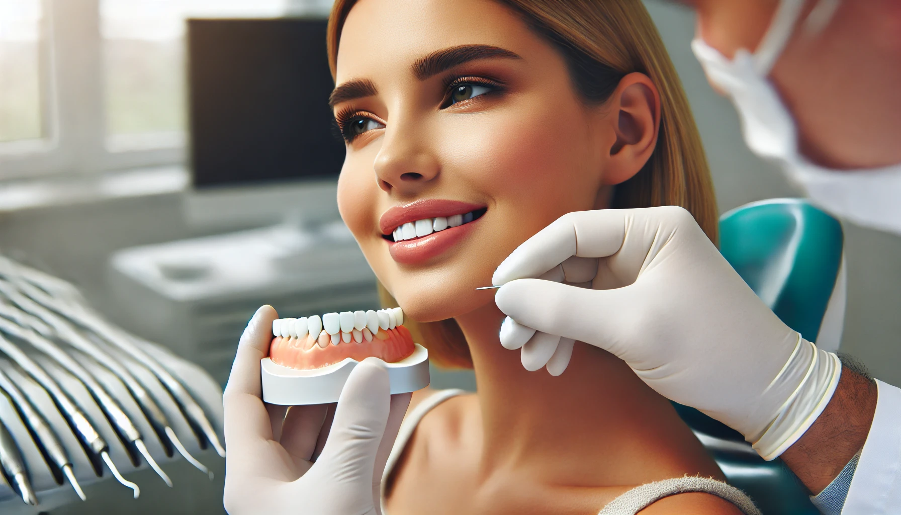 Dentist applying porcelain veneers to a patient's teeth in a clean, professional clinic, highlighting a natural and flawless smile."