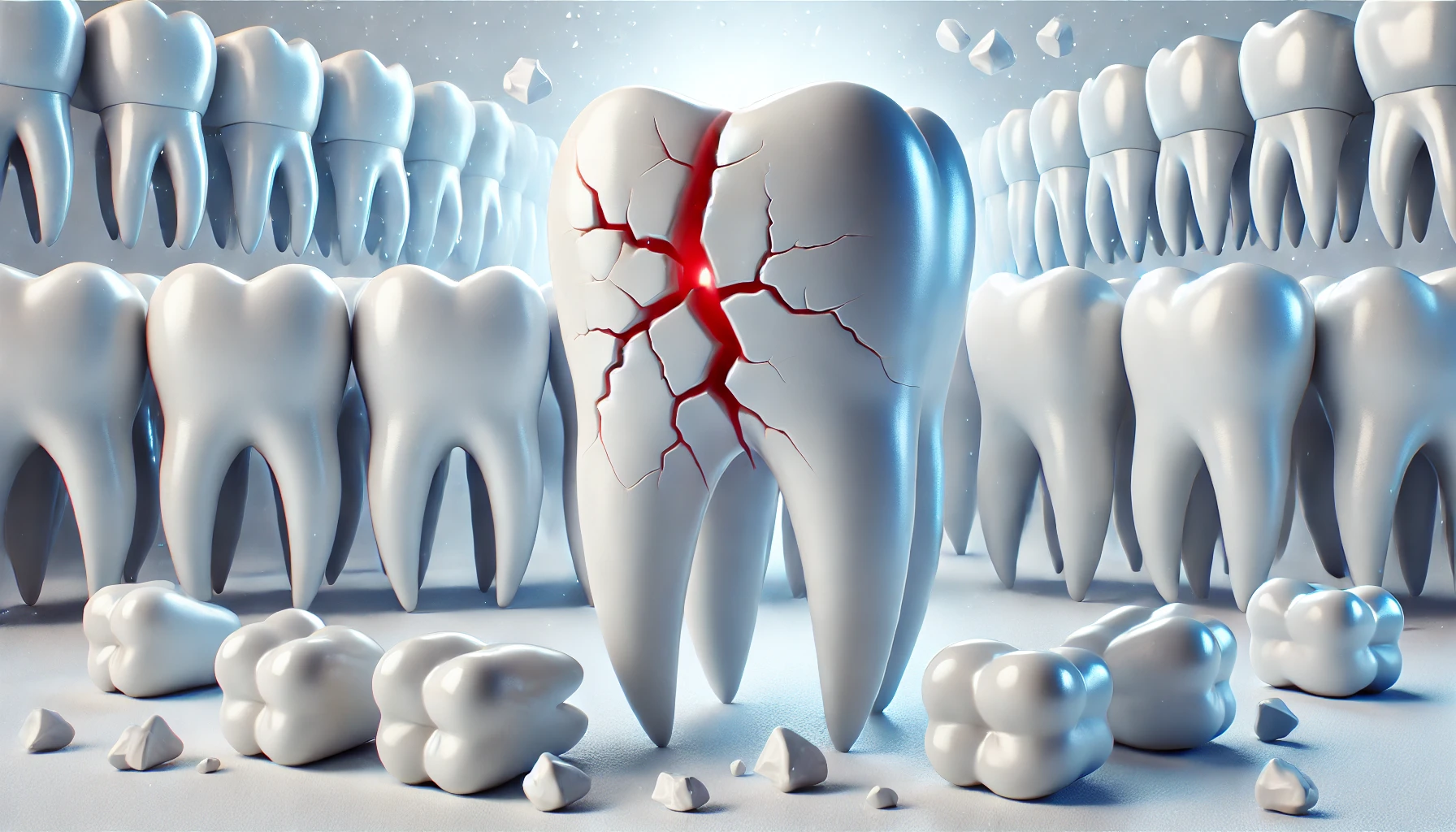 "3D rendering of a fractured tooth in a clean dental setting, highlighting the crack and dental health concerns."