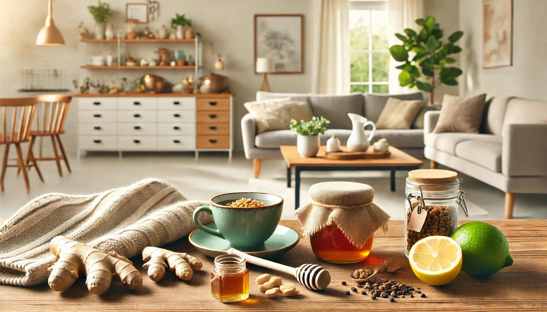 Cozy home setting with natural remedies like honey, ginger, lemon, and herbal tea on a table. vanligvis gir munnsår får under finnes rundt leppene herpesinfeksjon bør munnen behandling utbrudd 