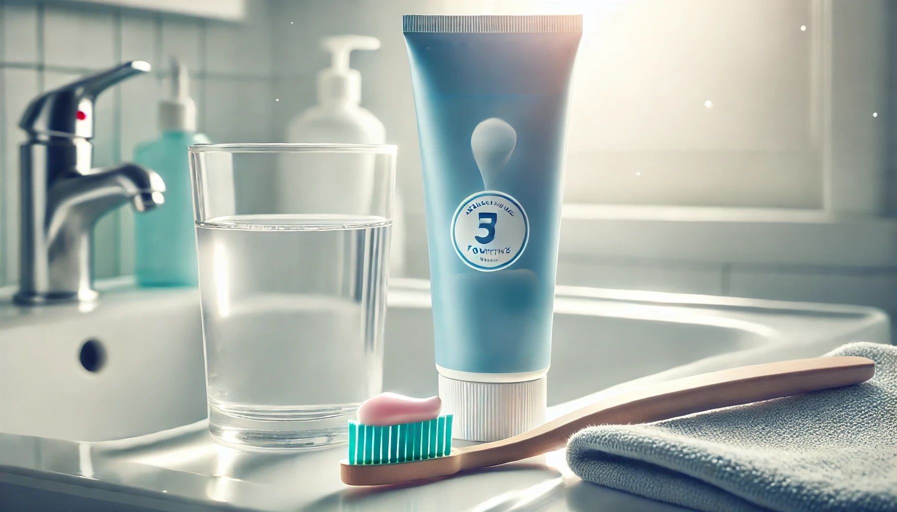 A close-up of fluoride toothpaste and a toothbrush in a bright bathroom, emphasizing dental care for sensitive teeth.