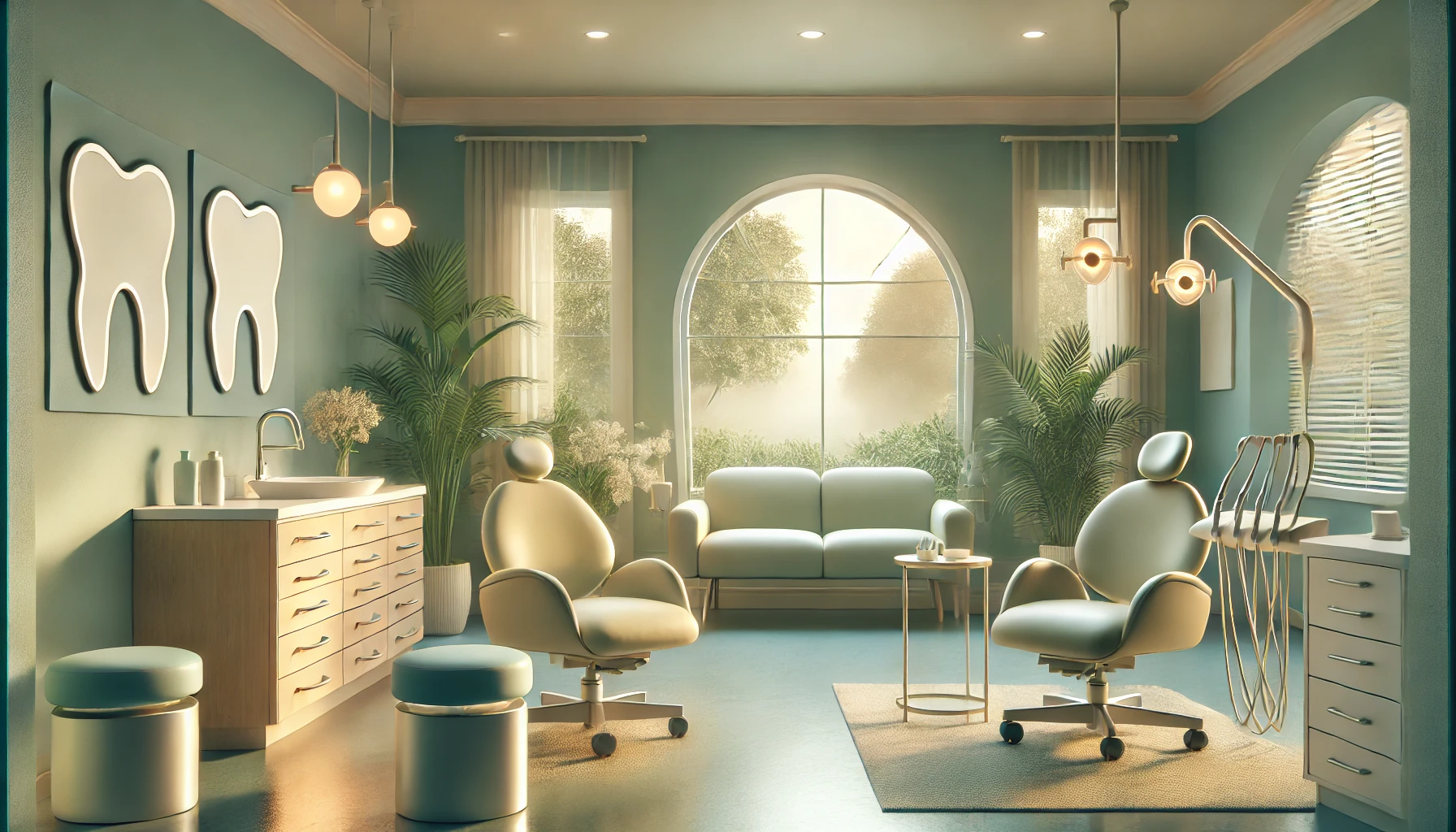 A serene dental office setting with soft lighting, comfortable chairs, and a soothing nature view, creating a calming atmosphere