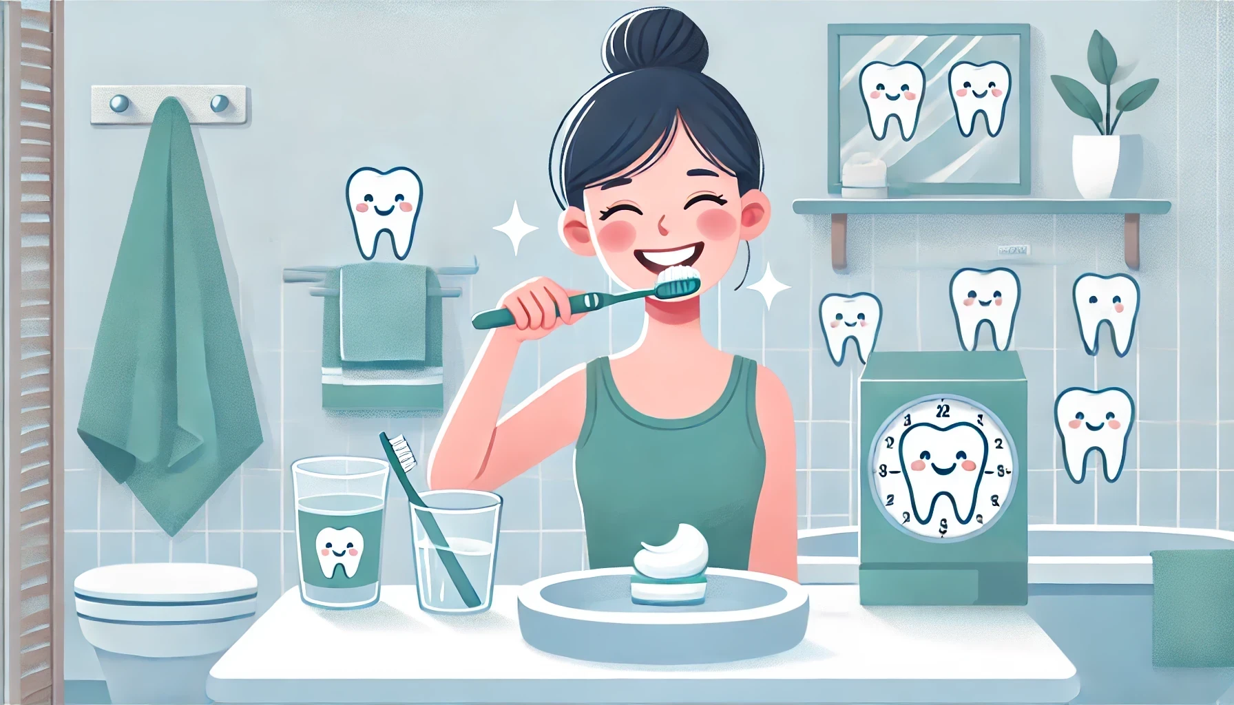 A cheerful person brushing their teeth in a bright bathroom, promoting habits for managing sensitive teeth discomfort.