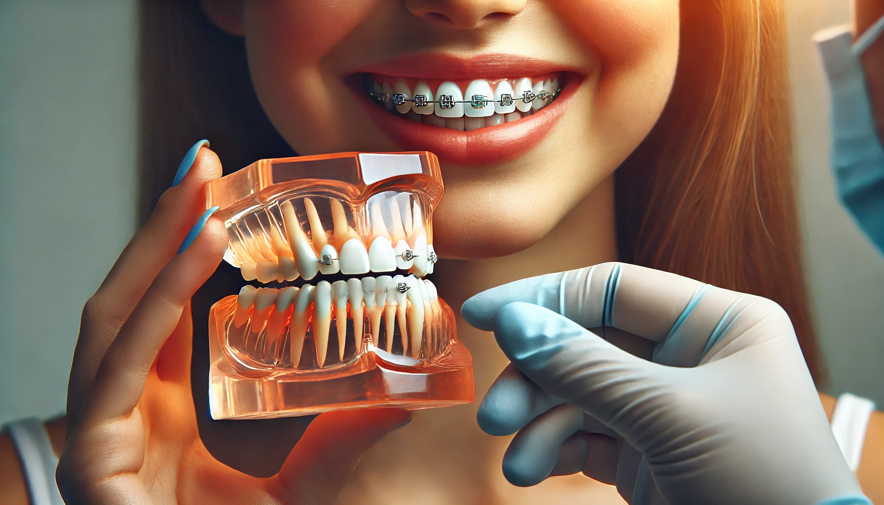 "Close-up of a patient receiving a personalized orthodontic consultation, with the orthodontist showing a dental model for treatment options."