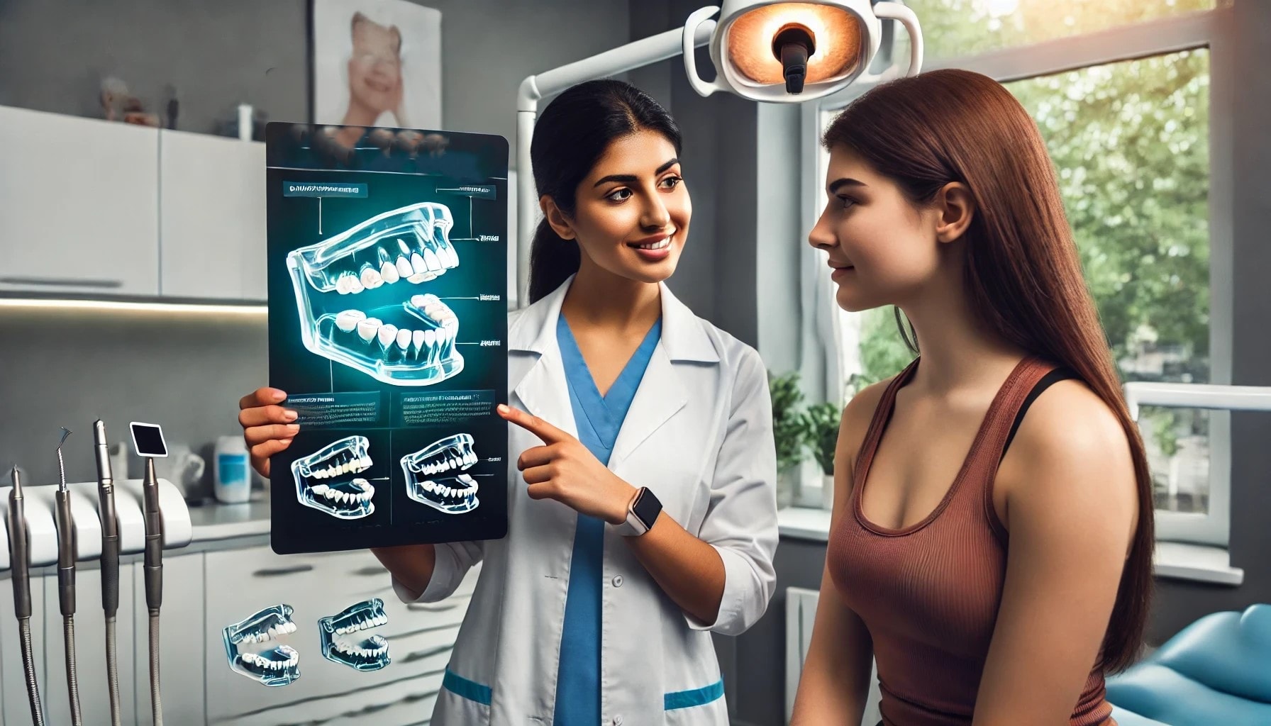 Dentist lady showing a custom mouth guard to an athlete, emphasizing protection in a dental clinic."