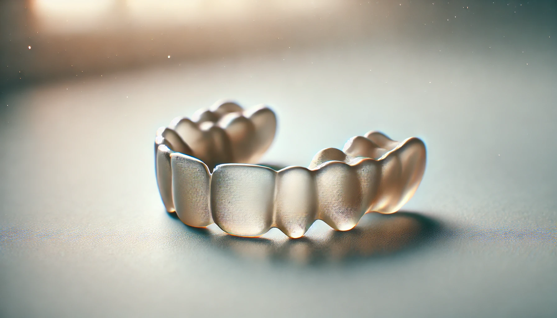 A close-up view of a custom dental guard on a clean surface, showcasing its design for teeth grinding prevention.