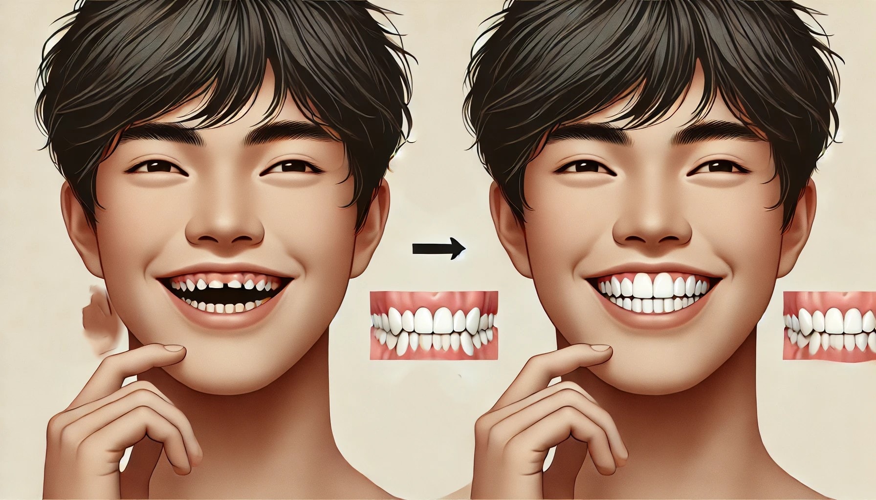 Before and after comparison of a smile with dental bridges showing teeth restoration."