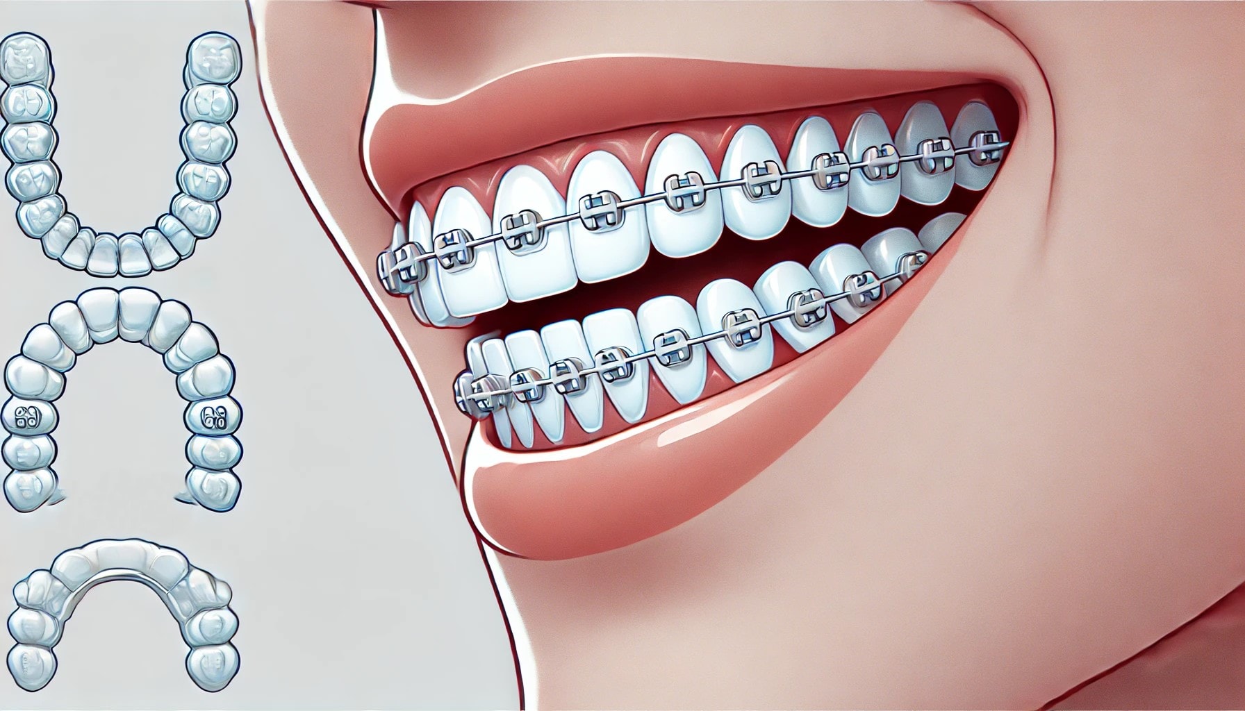 Minimalist illustration of teeth with modern braces or clear aligners, emphasizing the simple process of straightening teeth."