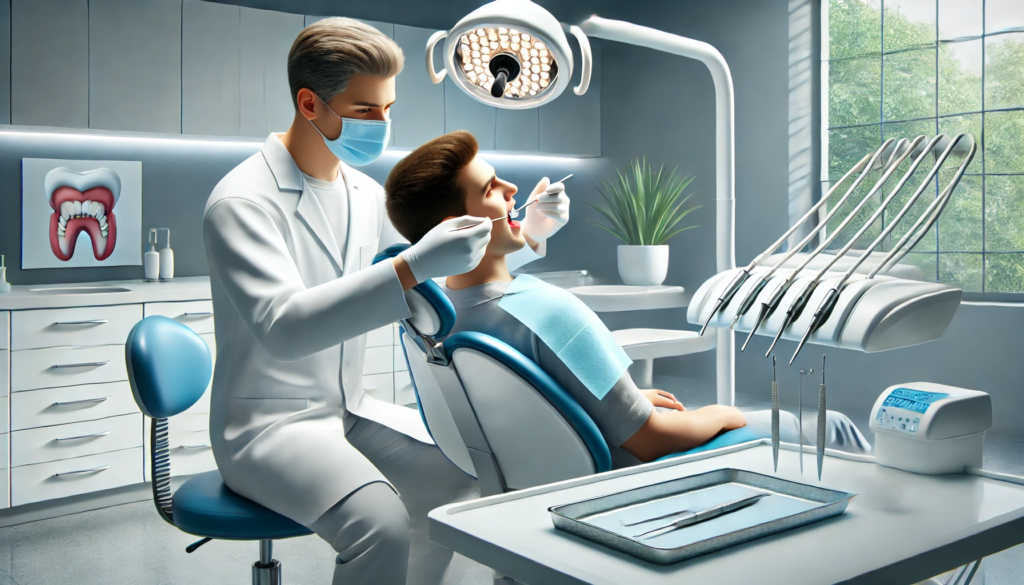 "Dentist performing a dental examination in a modern clinic, emphasizing general dentistry and routine care for oral health."