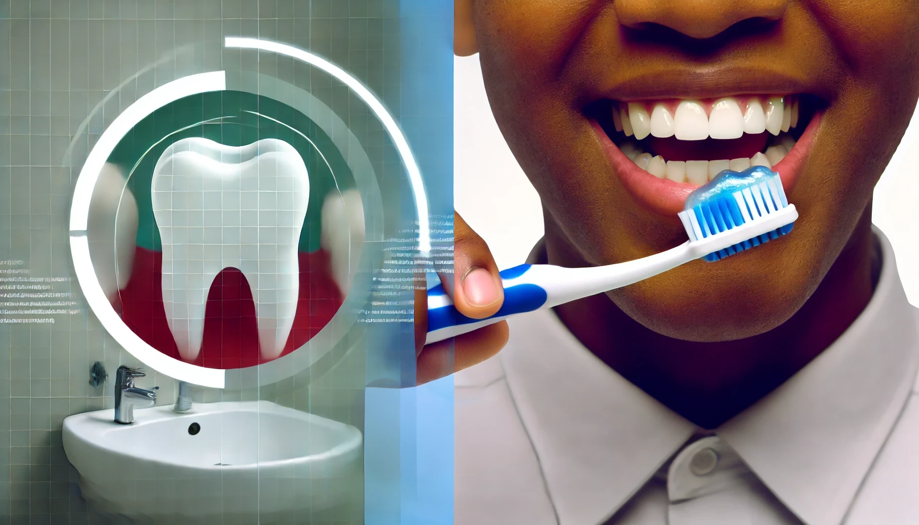 Individual practicing good oral hygiene by brushing teeth in a mirror, preventing calculus."