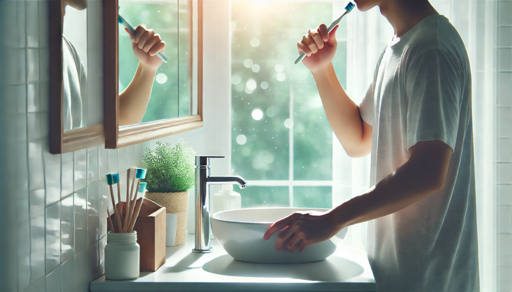 A clean bathroom with a person brushing their teeth in front of a mirror, emphasizing the importance of daily oral hygiene for health."