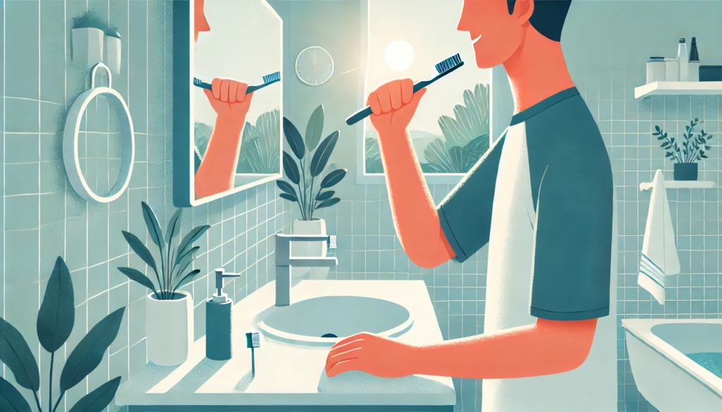 "Person brushing teeth in a clean, bright bathroom, focusing on preventive oral care to maintain a healthy smile."