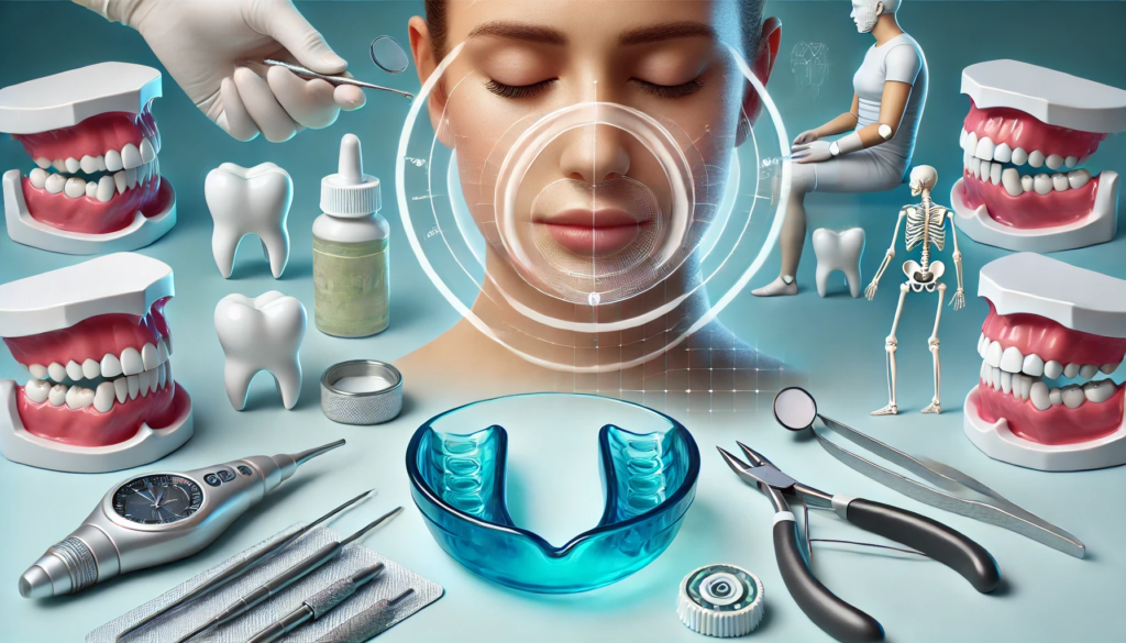 Visual of tools for jaw pain relief, including a mouthguard and therapy techniques, showing jaw pain treatment methods.