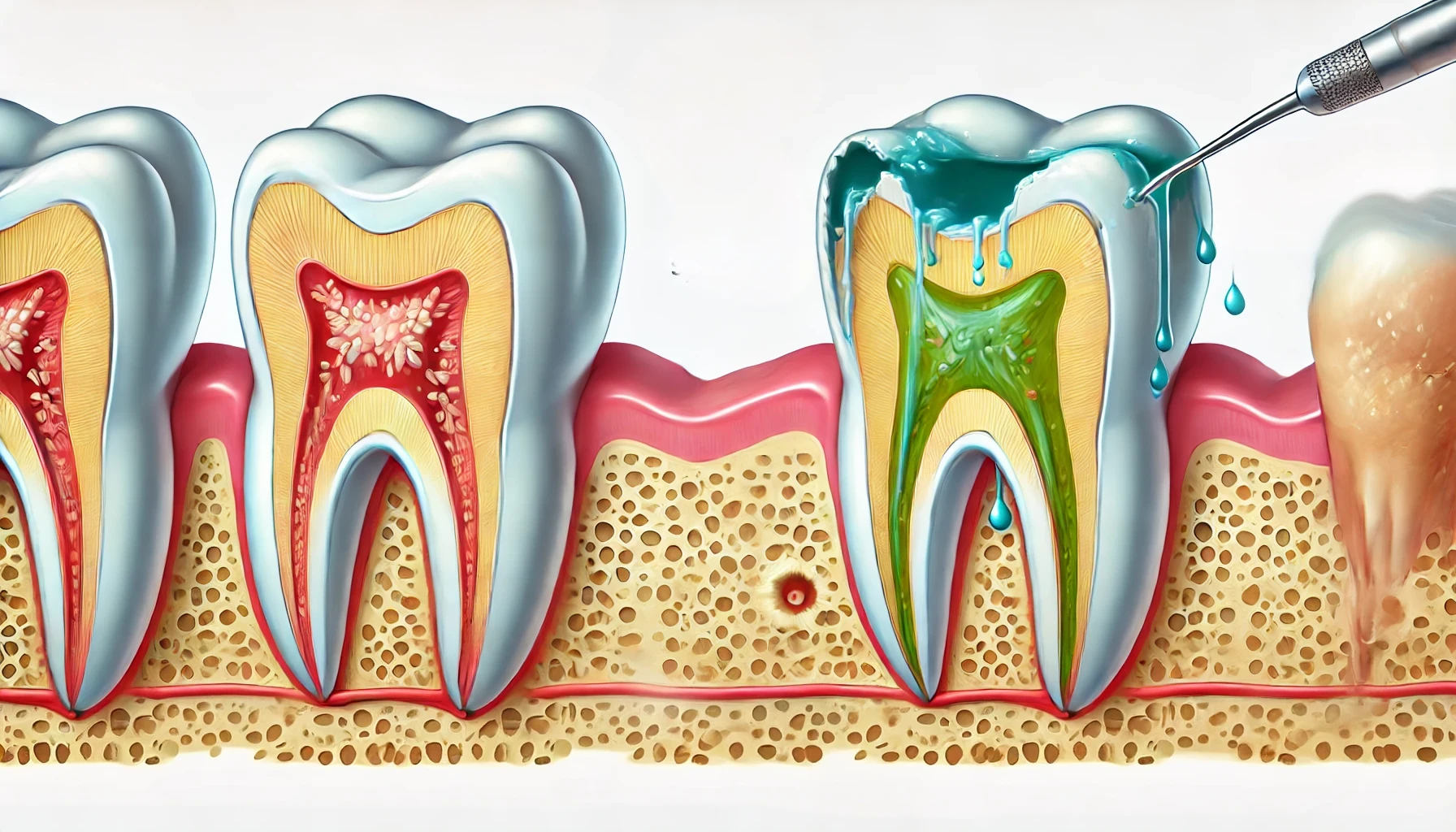 Illustration of a tooth undergoing root canal therapy and an untreated decayed tooth, highlighting the prevention of further damage."