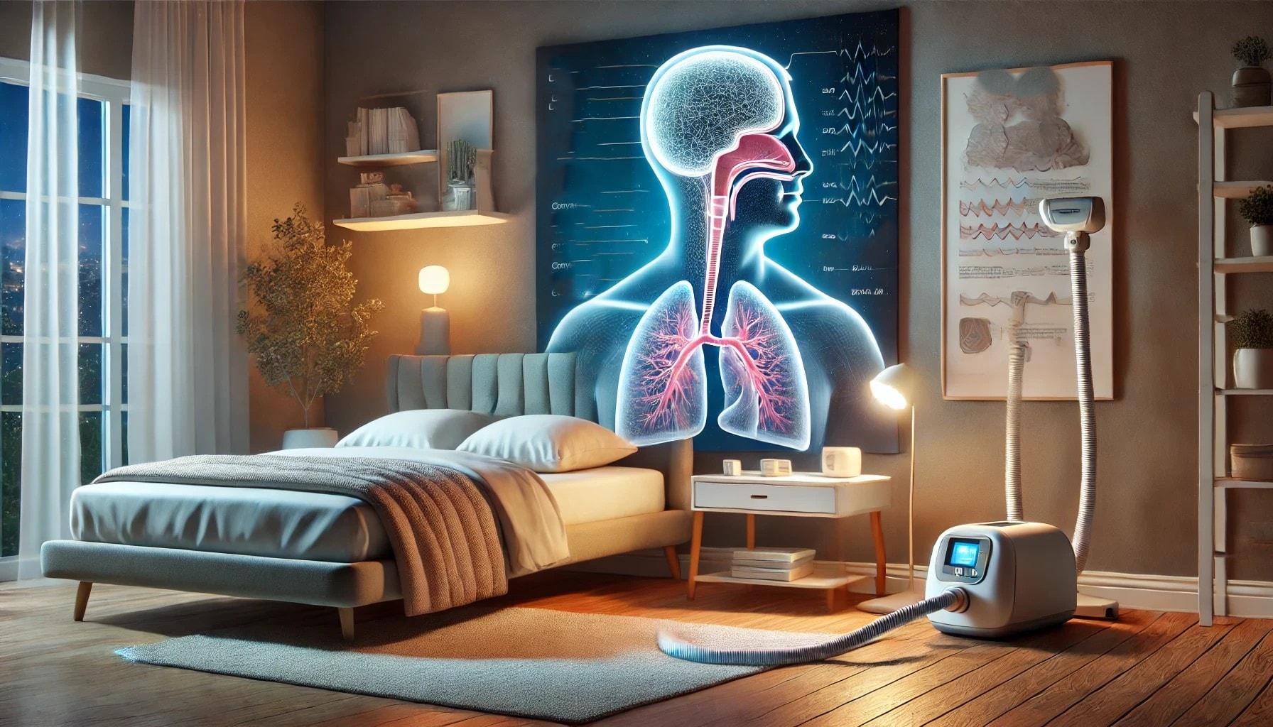 Cutaway diagram of obstructed airway in sleeping person with CPAP machine beside bed."