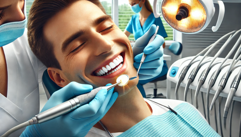 "Professional teeth polishing a patient's teeth in a clean, modern clinic, highlighting the benefits of a smooth, bright smile after the procedure."