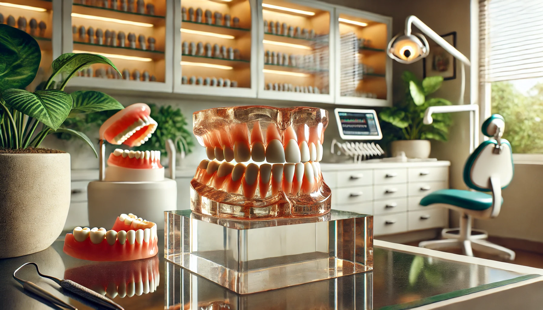 "Natural-looking dentures displayed in a serene dental office with green plants."