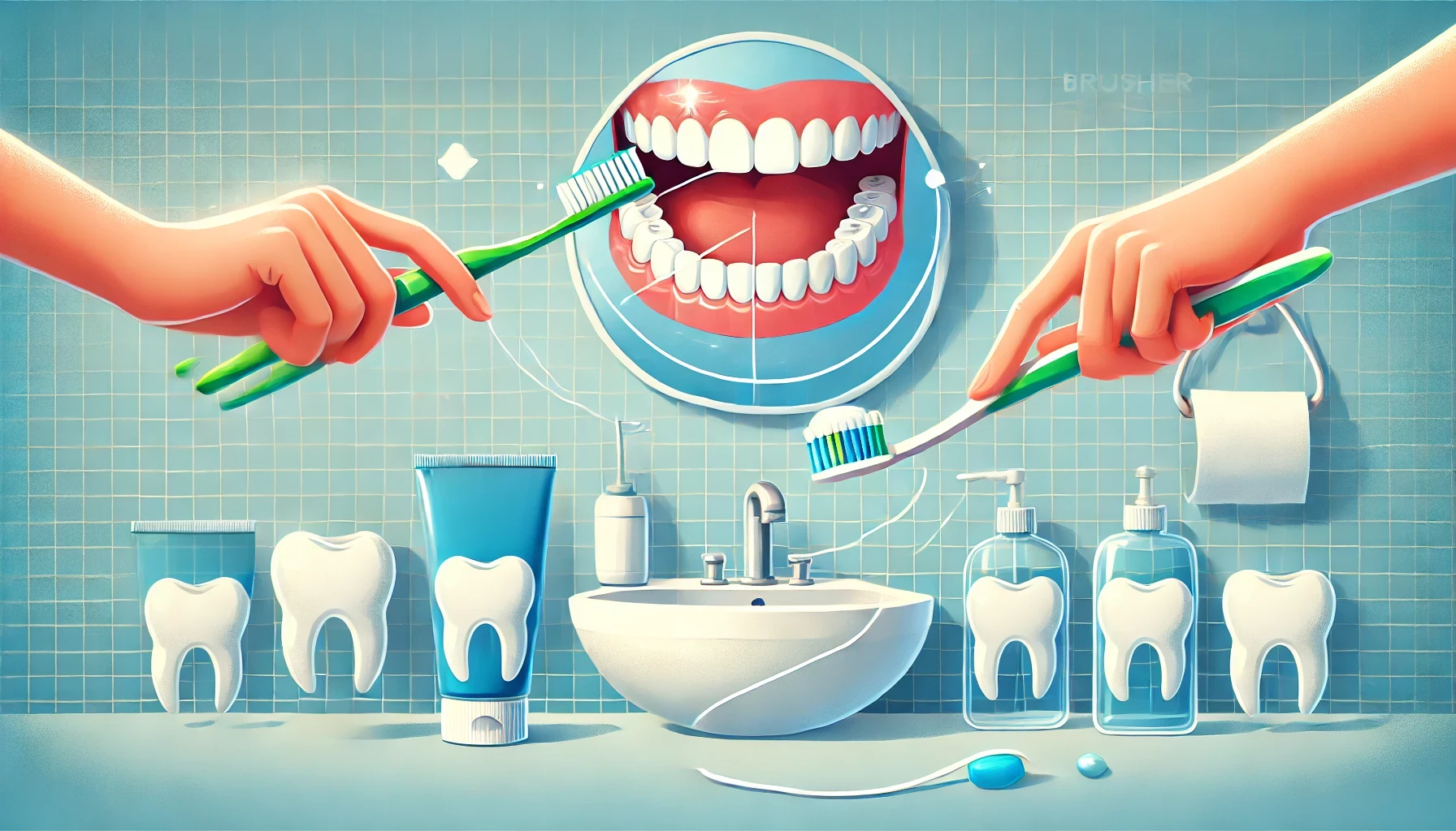 An engaging visual of proper brushing and flossing techniques in a bright bathroom setting emphasizing dental care.