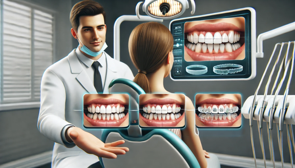 "A dental professional examining a patient with gap teeth in a clean, modern dental clinic, focusing on options for correction."