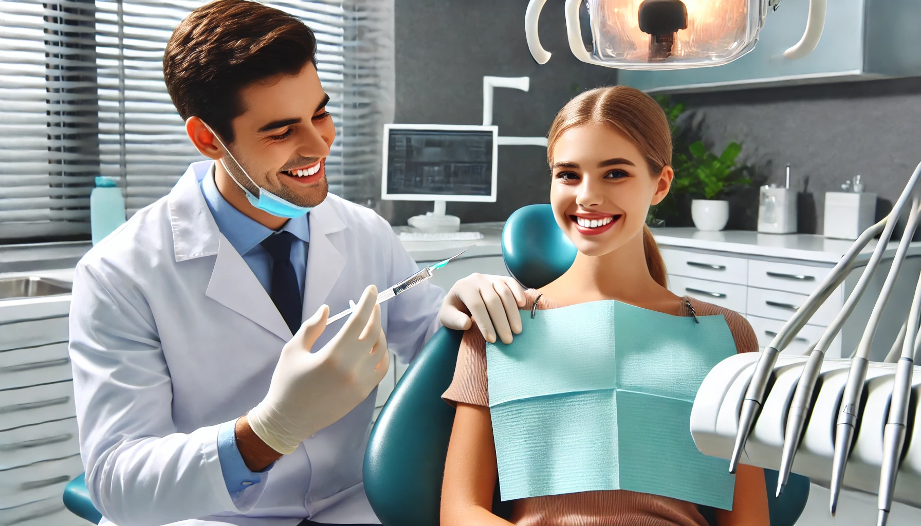 "A dentist preparing anesthesia for a patient in a calm dental office, explaining the process with a reassuring smile."