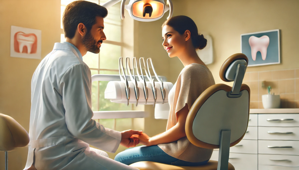 "A dentist comforting an anxious patient in a bright and welcoming dental office, fostering a calm and supportive atmosphere."