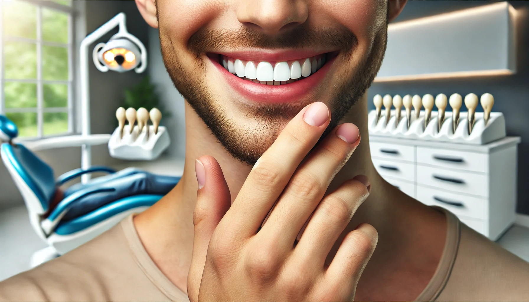 "Person smiling with perfectly bonded teeth after a dental bonding procedure, highlighting even, natural-looking teeth in a modern clinic."