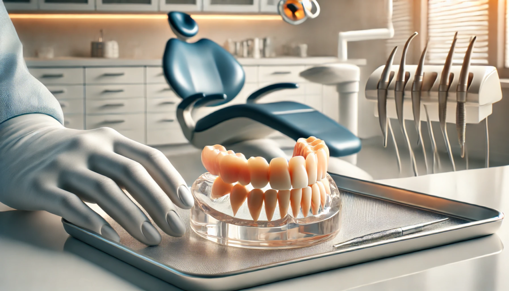 Close-up of partial dentures on a clean dental tray in a modern clinic, with a dental chair in the background, highlighting their design