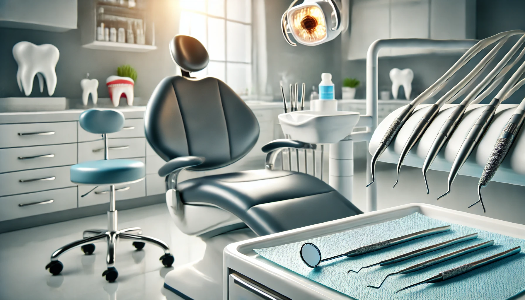 A modern dental office with clean, organized dental tools and a bright atmosphere, evoking professionalism and smile improvement