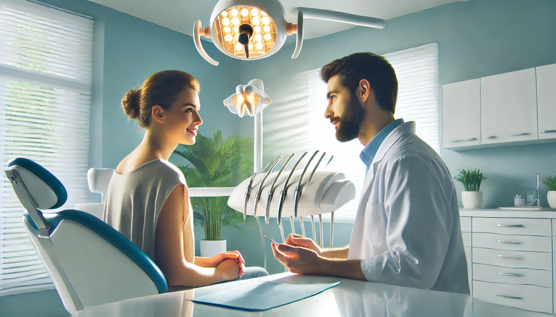 "Dentist consulting with a patient in a calm, modern clinic, providing expert solutions for teeth grinding with a professional atmosphere."