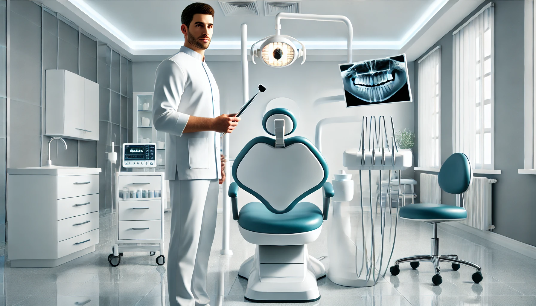 "Modern dental clinic with a dentist holding a whitening tool near a dental chair, preparing for a professional teeth whitening session."