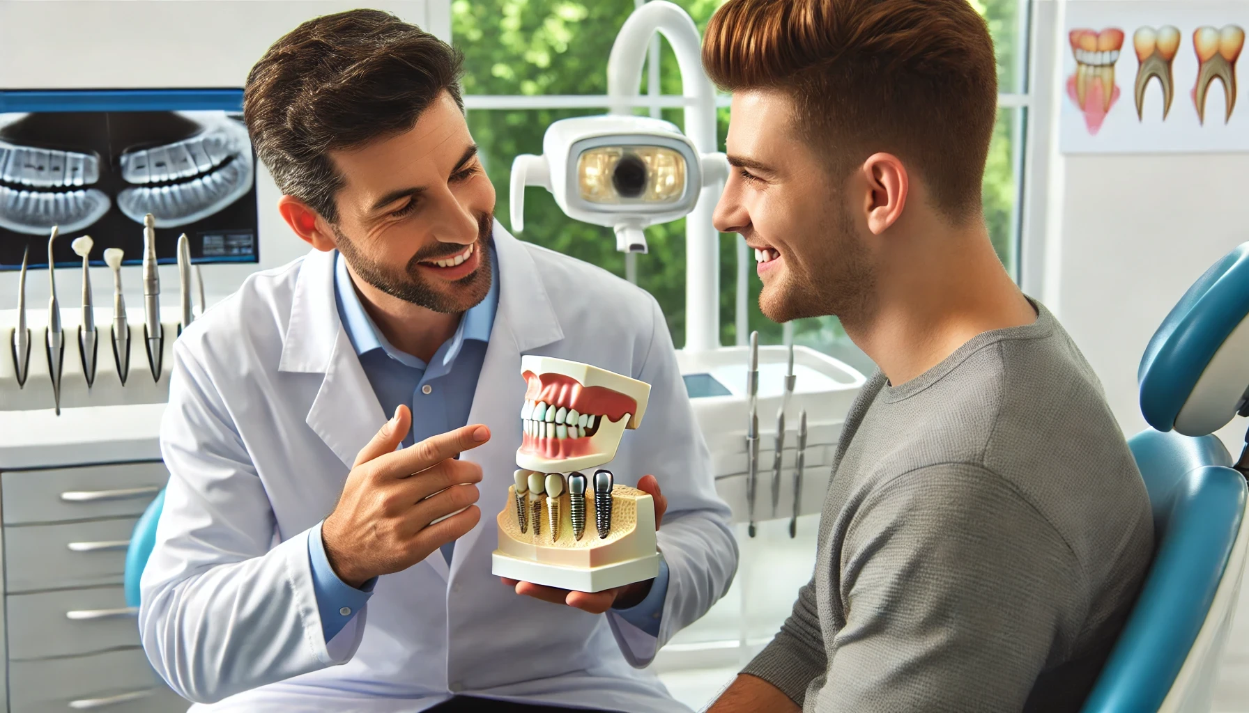 "Dentist showing a dental model to a patient in a clean, modern clinic, demonstrating the implant procedure in a professional setting."