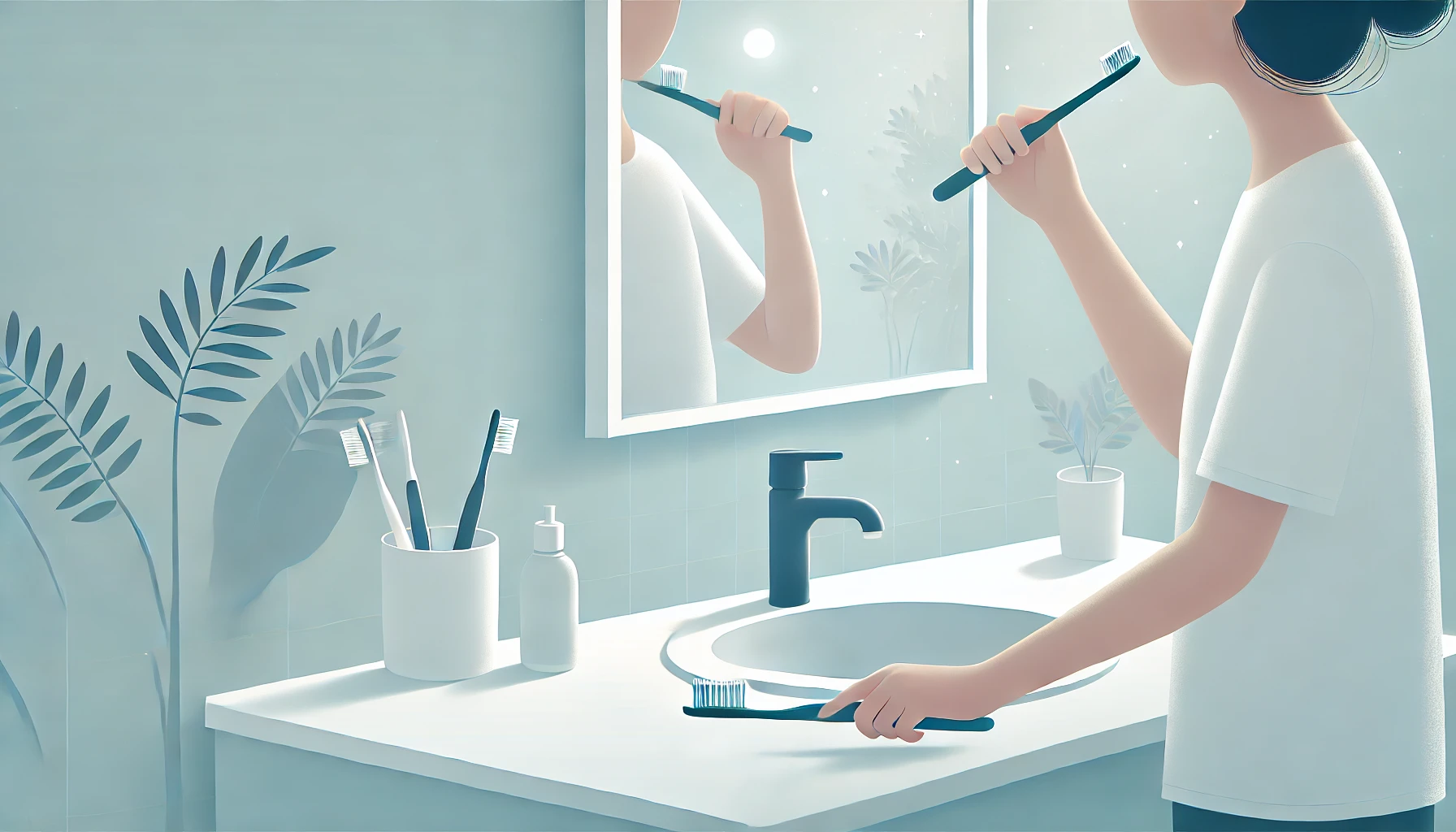 "Bright bathroom with a person brushing their teeth, highlighting how good oral hygiene helps prevent gum disease and tooth decay."