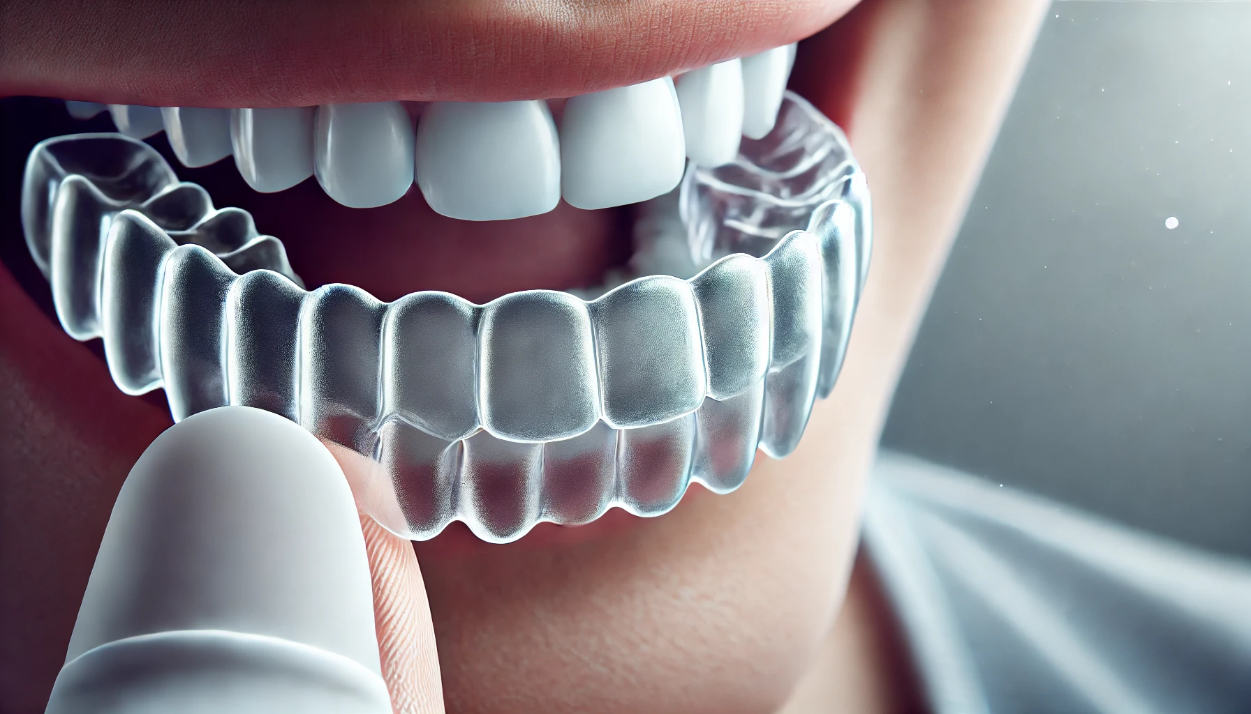 "Close-up of a clear night guard being placed on teeth, demonstrating its protective role against further damage from grinding."