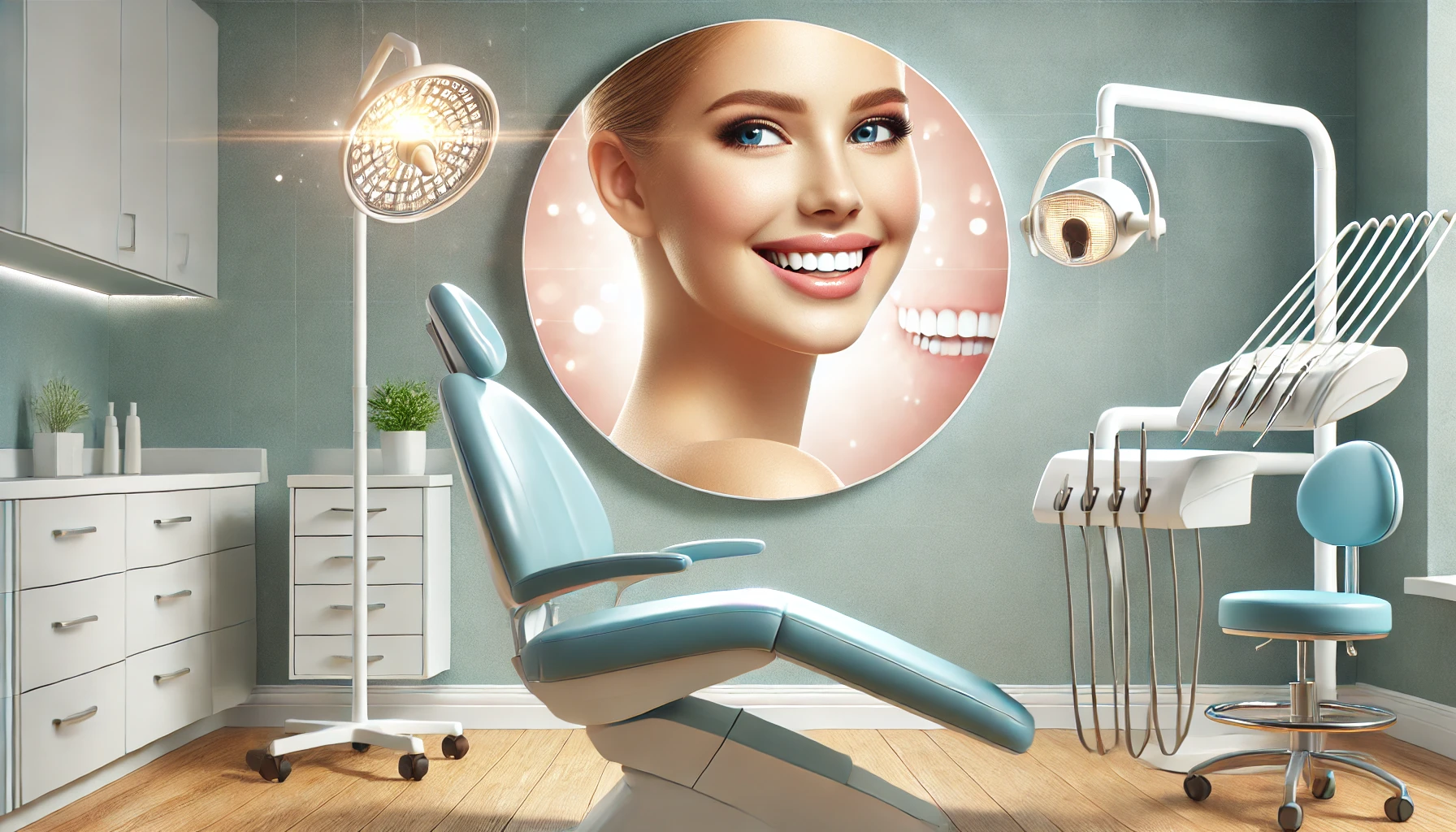 A serene dental clinic with a smiling person showcasing their perfect smile, radiating confidence and happiness.